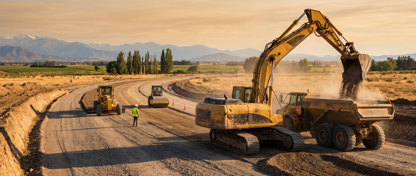 Excavadora cargando un camión tolva durante la construcción de un camino