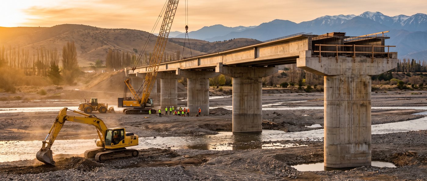 Faena de obra civil con maquinaria pesada trabajando en la construcción de un puente